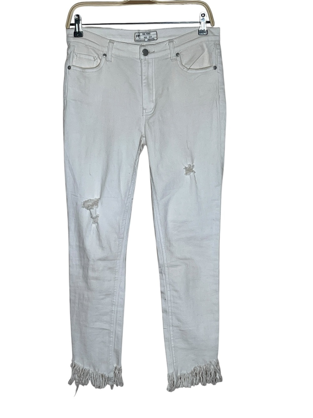 Free People White Distressed Fringe Hem Size 27 Skinny Jeans